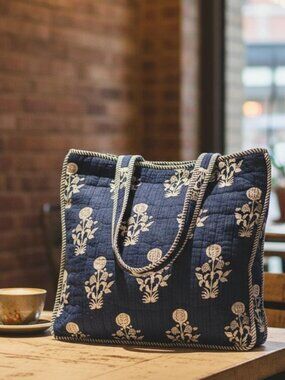 Reusable Quilted Cotton Tote Bag – Hand Screen-Printed Floral Design Blue